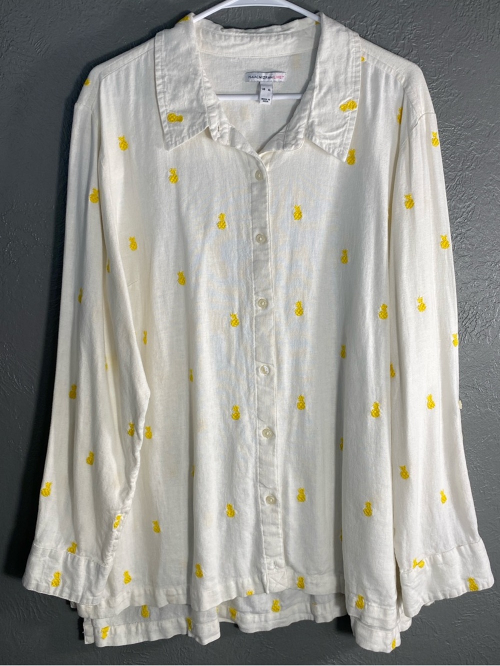 Isaac Mizrahi Live Blouse Womens XL Linen Blend Pineapple Embroidered Tunic